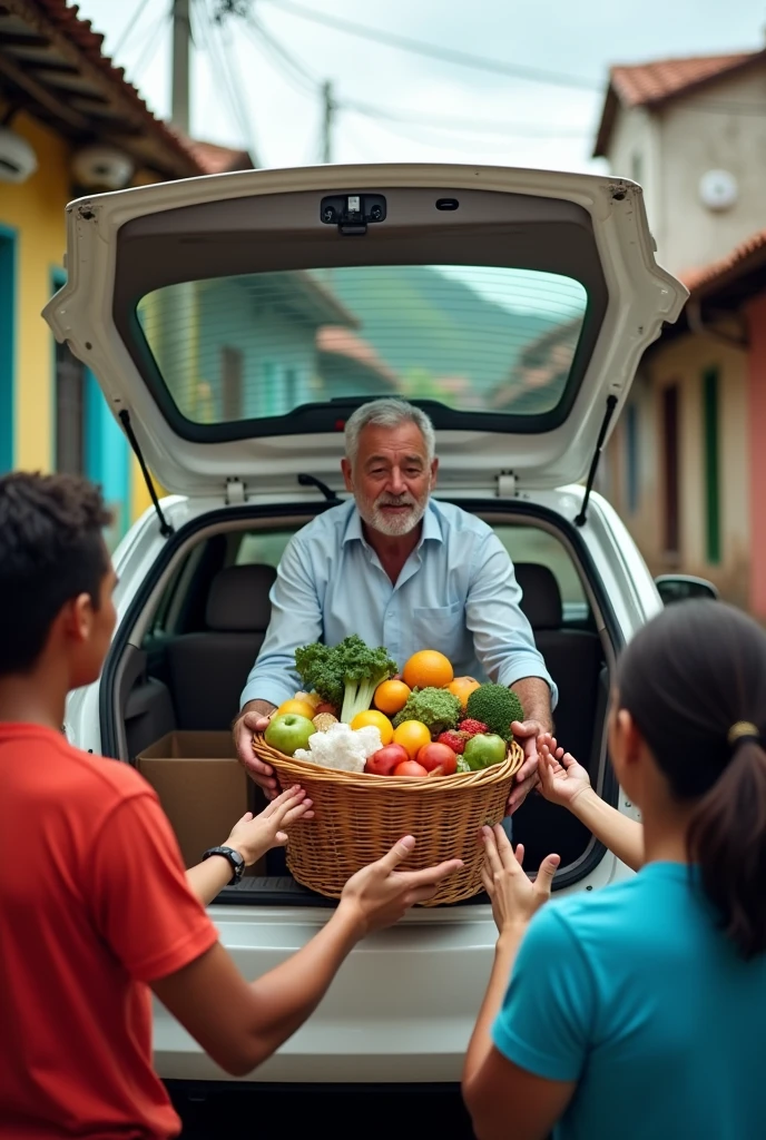 Man donating food basket in a white car in the favela