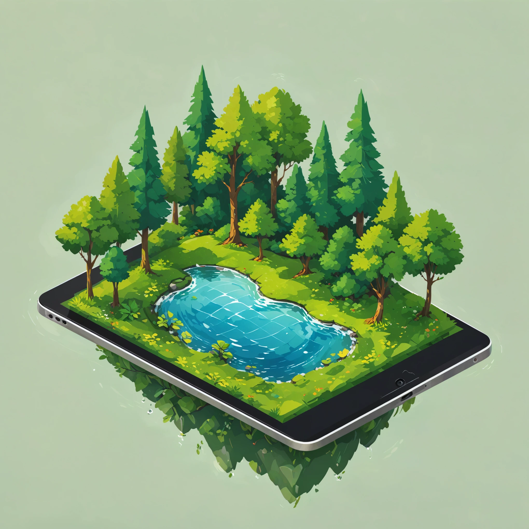 island on ipad screen, vector, 2d, flat illustration, island, tree with detail leaf, flat ipad illustration, no humans, scenery, outdoors, rock, lake, grass, bush, pond, water, day, nature, detail, no outline,