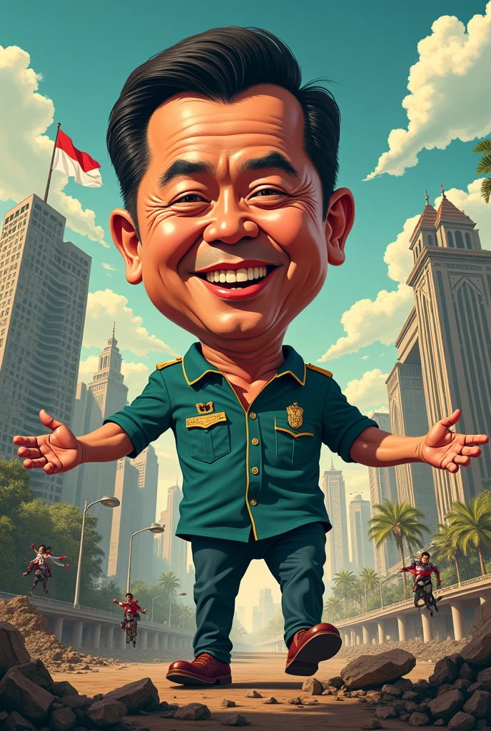 funny and sarcastic poster with the theme towards golden Indonesia 2045, there must be text, don&#39;t use official photos


