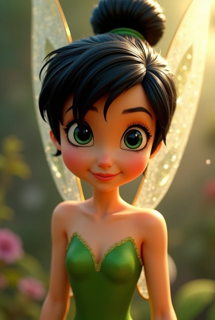 pixar image, Tinkerbell igual a original, but with black hair, eyes black, original green clothes , hair tied up like real hair, cloused mouth, photo by full body, looking forward 