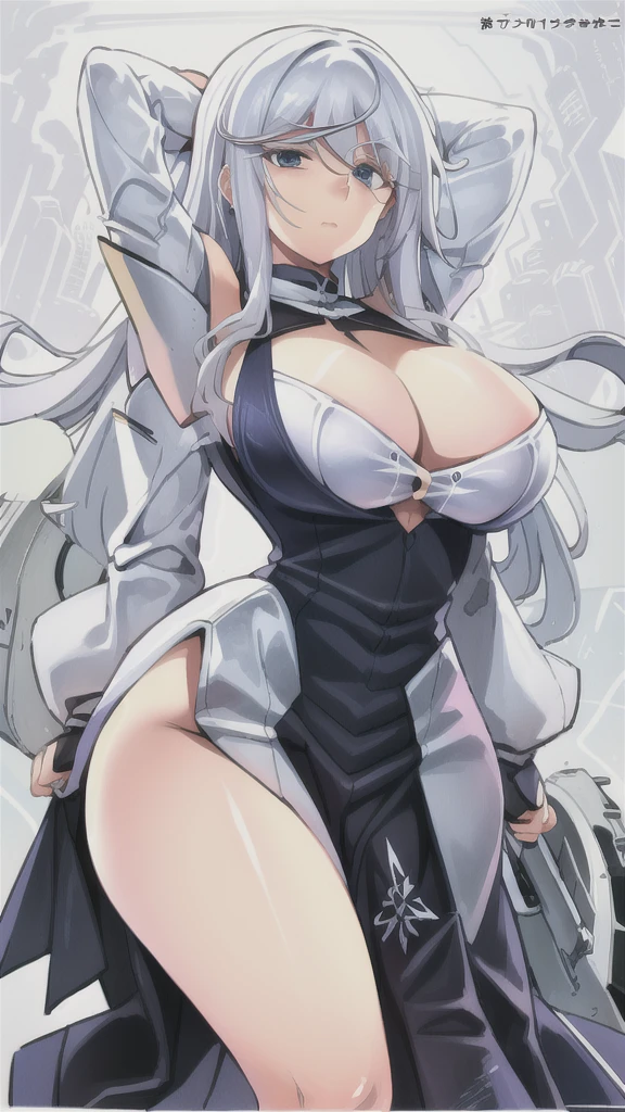 masterpiece,best quality,kim_kwang_hyun, 1girl, sovetsky soyuz \(azur lane\), pue white hair, solo, busty , large huge breasts, looking at viewer, indigo colored eyes, purê white hair, large huge breasts, long sleeves, dress, cleavage, closed mouth,weapon((large mechanical arms)), puffy sleeves, arm up, clothing cutout, copyright name, pink dress, cleavage cutout, juliet sleeves , power armor, shoulder armor, purê white hair, Serious, indigo colored eyes, Large mechanical arms
