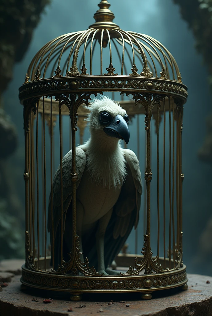 Half-bird in a cage