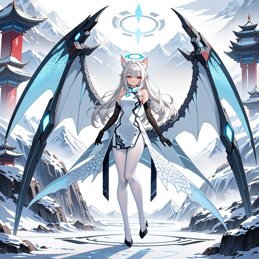 masterpiece, highest quality, highest resolution, clear_image, detailed details, white hair, long hair, 1 girl, cat ears, red eyes, futuristic halo, white sci-fi china dress, detached sleeves with black gloves, white scarf (around the neck withn a light blue glow), 12 white futuristic dragon wings, white pantyhose, full body, no water marks, snowy mountain