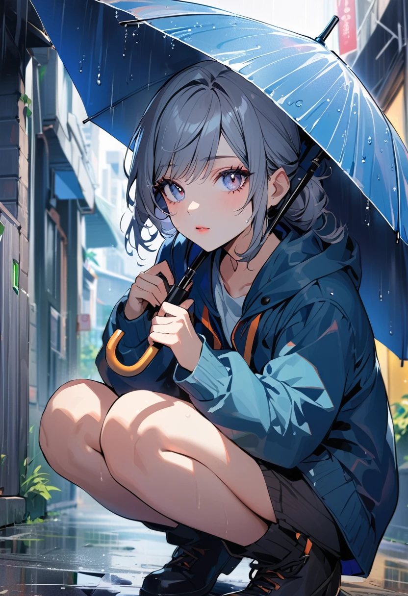 1woman, solo, gray eyes, detailed eyes, eyelashes, light lips, 25years old, she's holding an umbrella, squatting, raining, residential area with sunshine