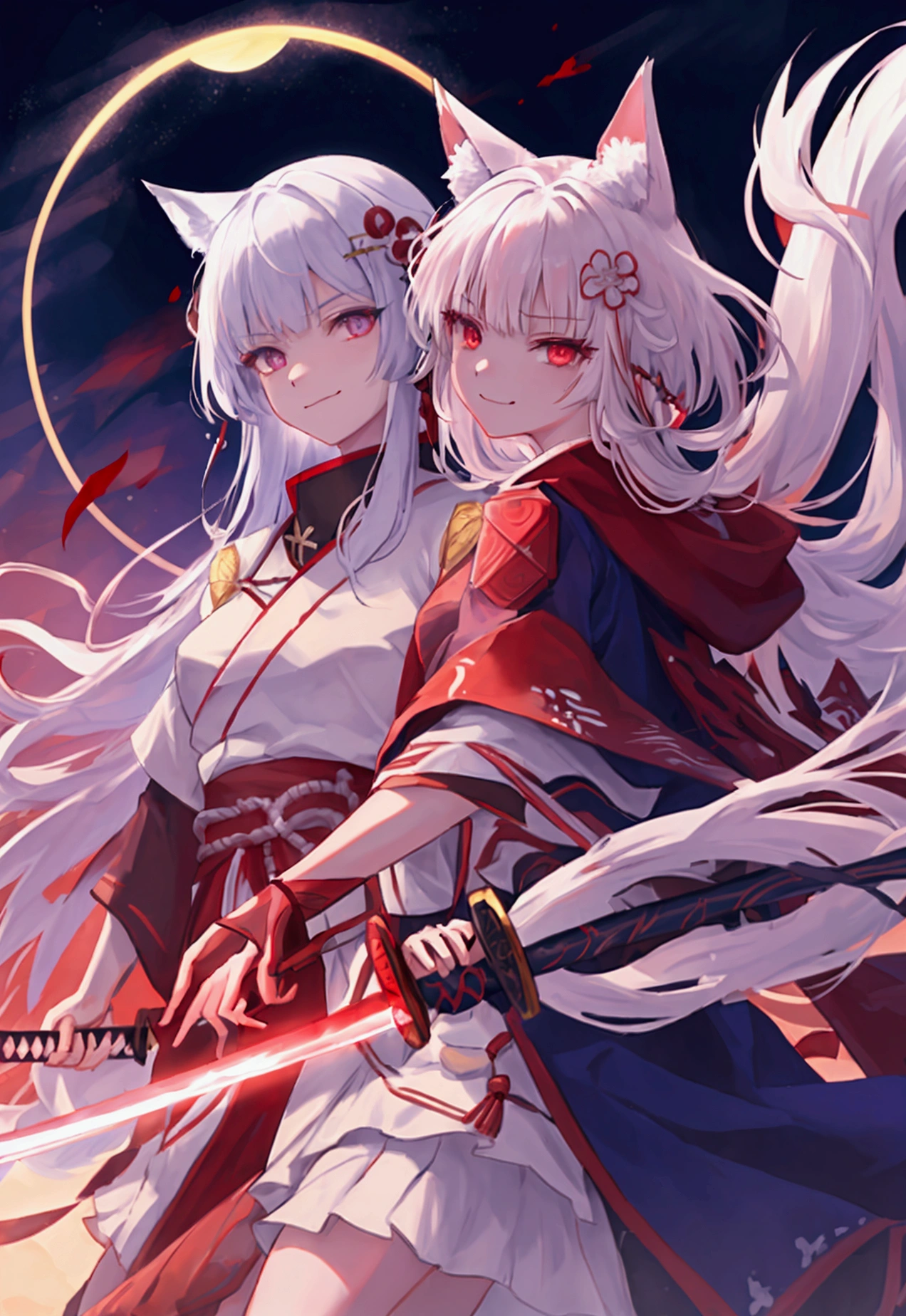 fox Light blue hair 　beast girl　indigo fur　fox beast girl　Sesshomaru, Yellow eyes, Anime, Perfect face, Perfect Lighting, Outdoors, Warm colors, Dark purple sky, Autumn sunset,  \(inuyasha\), Bearing Claw, Ready to fight　wave, koi fish, anime artstyle, wide view, fluffy. yellow  fox, marking under the eyes, crystal antler ,violet eyes, wearing bandanna, flower petals, Ambient light，Ultra-fine fur，volumettic light，natural  lightting，fox tail，nevando，35mm。High quality, high detal, Best quality, hyper HD，individual，Single(Cat's ears:1.3),(Sky Eyes 1.3),(Face Focus:1.3), (angry, Smile:1.3),(Gentle face:1.3),(long white hair:1.3), hair messy, Red Eyes,red eyes,Red Eyes(Eyes are red:1.3), (perfectly detailed eyes:1.3),Dynamic Angle,Black kimono,Black Hakama,Her skin is white,Red lightning,Red thunder, Swirling rainbows and lights on complex background、It enveloped me like a serpent in an interstellar wind,(Dual-wielding combat pose:1.3),(The red glowing samurai sword:1.3),(A sword shining in red lightning:1.3),She has a samurai sword,dual-wielding,Unleash the Blade of Light,Highest Quality, (Red cloak with war maiden decoration:1.3),Raise the railgun, ((sanpaku))((Proud)), (Blue glowing thunder sword:1.3),(Fiery Red Sword:1.3),Blade of Light,Lens Flare, Big rainbow,The moon shines,Star chips, bloom, ((light glow)), chromatic abberation], Digital Painting, Insane details, Intricate details, Beautifully color graded, Unreal Engine, Cinematic , colour grading, Editorial Photography , Photography, Photo Shot, Canon 5D Camera Photography,Shot on 70mm lens, Depth of subject, ultra sharpness, nffsw, octane, Unreal, Dramatic light, Global Illumination,Motion Picture Film,rainbow,lensflare,(Moonlight Art:1.3:1.3),(Sengoku:1.3),(Agfacolor:1.3),(close portrait:1.3),(Feminine:1.4),(Beautiful:1.4),(Attractive:1.3),Move an angle,Themed Background,