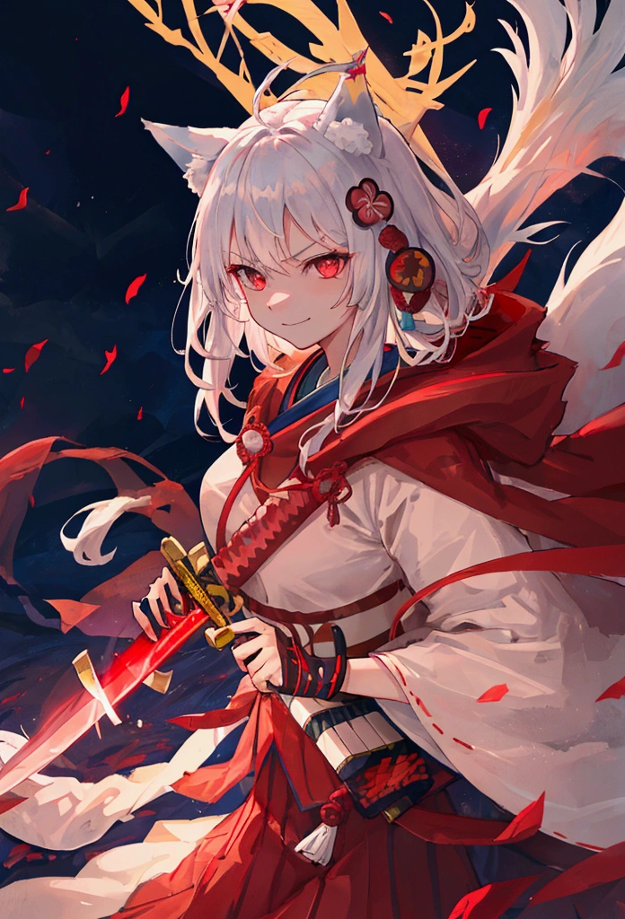 fox Light blue hair 　beast girl　indigo fur　fox beast girl　Sesshomaru, Yellow eyes, Anime, Perfect face, Perfect Lighting, Outdoors, Warm colors, Dark purple sky, Autumn sunset,  \(inuyasha\), Bearing Claw, Ready to fight　wave, koi fish, anime artstyle, wide view, fluffy. yellow  fox, marking under the eyes, crystal antler ,violet eyes, wearing bandanna, flower petals, Ambient light，Ultra-fine fur，volumettic light，natural  lightting，fox tail，nevando，35mm。High quality, high detal, Best quality, hyper HD，individual，Single(Cat's ears:1.3),(Sky Eyes 1.3),(Face Focus:1.3), (angry, Smile:1.3),(Gentle face:1.3),(long white hair:1.3), hair messy, Red Eyes,red eyes,Red Eyes(Eyes are red:1.3), (perfectly detailed eyes:1.3),Dynamic Angle,Black kimono,Black Hakama,Her skin is white,Red lightning,Red thunder, Swirling rainbows and lights on complex background、It enveloped me like a serpent in an interstellar wind,(Dual-wielding combat pose:1.3),(The red glowing samurai sword:1.3),(A sword shining in red lightning:1.3),She has a samurai sword,dual-wielding,Unleash the Blade of Light,Highest Quality, (Red cloak with war maiden decoration:1.3),Raise the railgun, ((sanpaku))((Proud)), (Blue glowing thunder sword:1.3),(Fiery Red Sword:1.3),Blade of Light,Lens Flare, Big rainbow,The moon shines,Star chips, bloom, ((light glow)), chromatic abberation], Digital Painting, Insane details, Intricate details, Beautifully color graded, Unreal Engine, Cinematic , colour grading, Editorial Photography , Photography, Photo Shot, Canon 5D Camera Photography,Shot on 70mm lens, Depth of subject, ultra sharpness, nffsw, octane, Unreal, Dramatic light, Global Illumination,Motion Picture Film,rainbow,lensflare,(Moonlight Art:1.3:1.3),(Sengoku:1.3),(Agfacolor:1.3),(close portrait:1.3),(Feminine:1.4),(Beautiful:1.4),(Attractive:1.3),Move an angle,Themed Background,