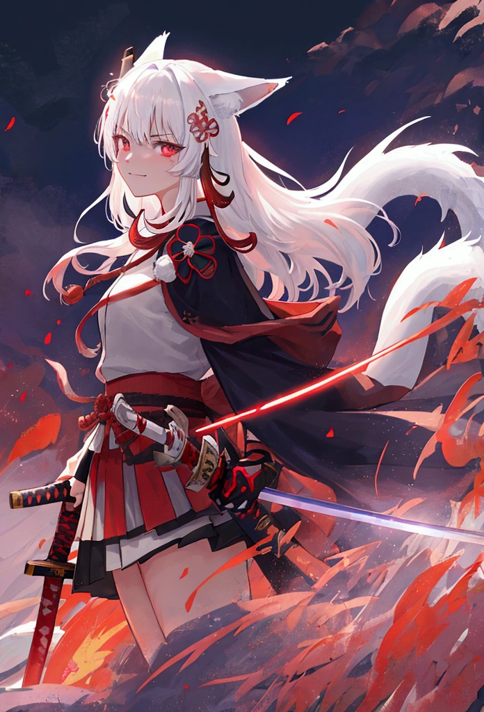 fox Light blue hair 　beast girl　indigo fur　fox beast girl　Sesshomaru, Yellow eyes, Anime, Perfect face, Perfect Lighting, Outdoors, Warm colors, Dark purple sky, Autumn sunset,  \(inuyasha\), Bearing Claw, Ready to fight　wave, koi fish, anime artstyle, wide view, fluffy. yellow  fox, marking under the eyes, crystal antler ,violet eyes, wearing bandanna, flower petals, Ambient light，Ultra-fine fur，volumettic light，natural  lightting，fox tail，nevando，35mm。High quality, high detal, Best quality, hyper HD，individual，Single(Cat's ears:1.3),(Sky Eyes 1.3),(Face Focus:1.3), (angry, Smile:1.3),(Gentle face:1.3),(long white hair:1.3), hair messy, Red Eyes,red eyes,Red Eyes(Eyes are red:1.3), (perfectly detailed eyes:1.3),Dynamic Angle,Black kimono,Black Hakama,Her skin is white,Red lightning,Red thunder, Swirling rainbows and lights on complex background、It enveloped me like a serpent in an interstellar wind,(Dual-wielding combat pose:1.3),(The red glowing samurai sword:1.3),(A sword shining in red lightning:1.3),She has a samurai sword,dual-wielding,Unleash the Blade of Light,Highest Quality, (Red cloak with war maiden decoration:1.3),Raise the railgun, ((sanpaku))((Proud)), (Blue glowing thunder sword:1.3),(Fiery Red Sword:1.3),Blade of Light,Lens Flare, Big rainbow,The moon shines,Star chips, bloom, ((light glow)), chromatic abberation], Digital Painting, Insane details, Intricate details, Beautifully color graded, Unreal Engine, Cinematic , colour grading, Editorial Photography , Photography, Photo Shot, Canon 5D Camera Photography,Shot on 70mm lens, Depth of subject, ultra sharpness, nffsw, octane, Unreal, Dramatic light, Global Illumination,Motion Picture Film,rainbow,lensflare,(Moonlight Art:1.3:1.3),(Sengoku:1.3),(Agfacolor:1.3),(close portrait:1.3),(Feminine:1.4),(Beautiful:1.4),(Attractive:1.3),Move an angle,Themed Background,