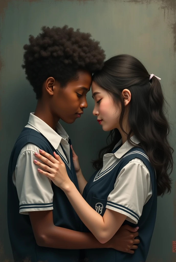 Couple of dark-skinned man and white-skinned girl in school uniform and with the numbers 1999 both as their year of birth 
