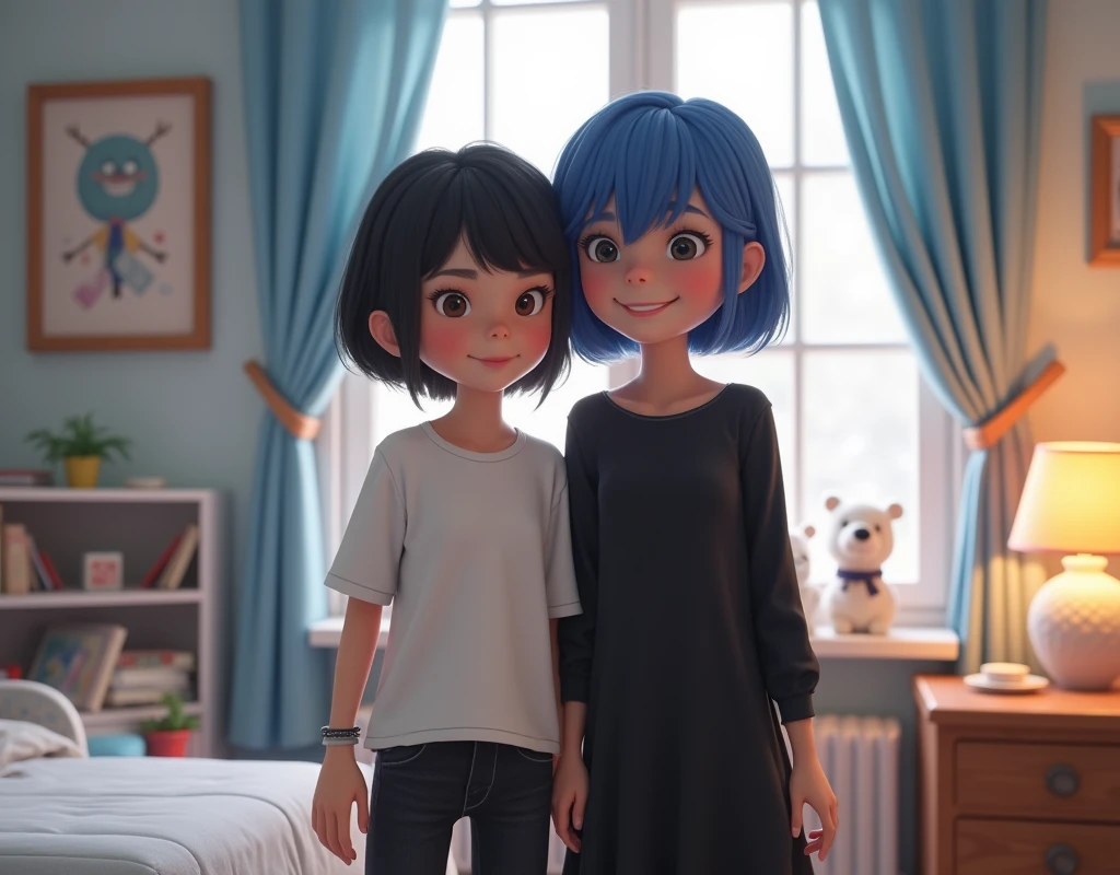 "A girl with short black hair, wearing an oversized band shirt and black pants." Wearing a bracelet, she poses playfully next to her blue-haired sister in a black dress in a room decorated in a snowy style., My elder sister is taller., You look happy., front camera, Realistic 1.4, 3d