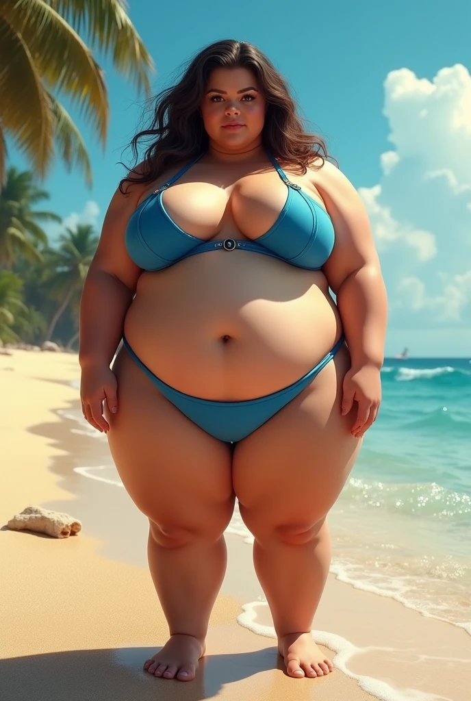 score_9, score_8_up, score_7_up, 1_anthro_woman, Tawna Bandicoot, ((obese)), bloated belly, standing, massive gut, hyper_belly, huge breasts, blue bikini, beach