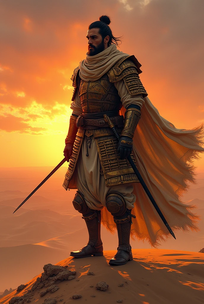 Desert Samurai: A samurai clad in sand-colored, weathered armor, standing on a dune with a flowing scarf and a katana. The sun sets behind him, casting long shadows over the vast desert.
