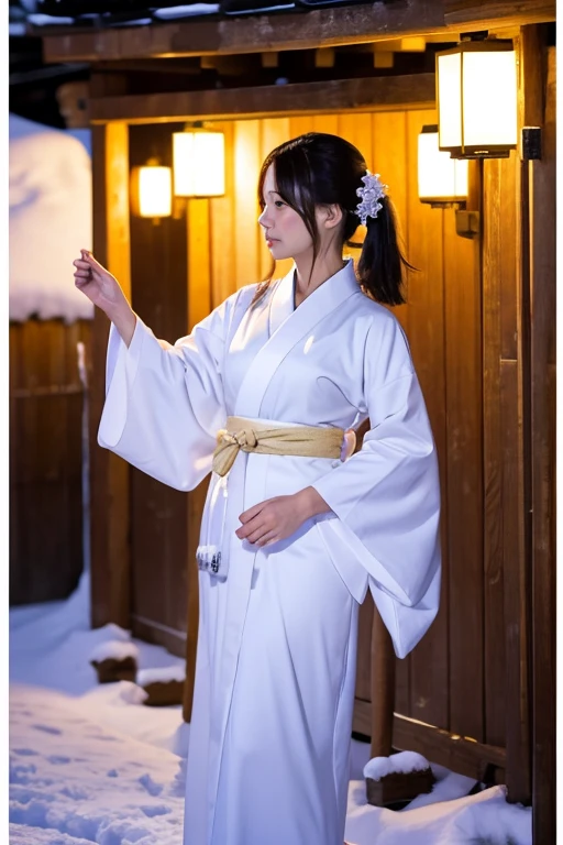female、White kimono、snow、night
