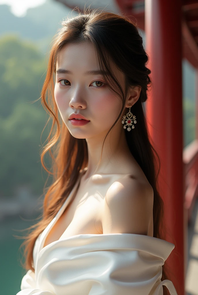 (Best Quality: 1.3, Masterpiece: 1.3), Ultra HD, (1girl, ,nude,  solo), atmospheric perspective, detailed face, upper body, makeup, pink lips, cleft lip, shiny skin, (brown hair), super long hair, Looking at In front of the audience, red eyes, earrings, small breasts, slim body, (white silk), (((((East Asian architecture, riverside, beautiful background))), perfect lighting, (frontal lighting), physically based rendering,