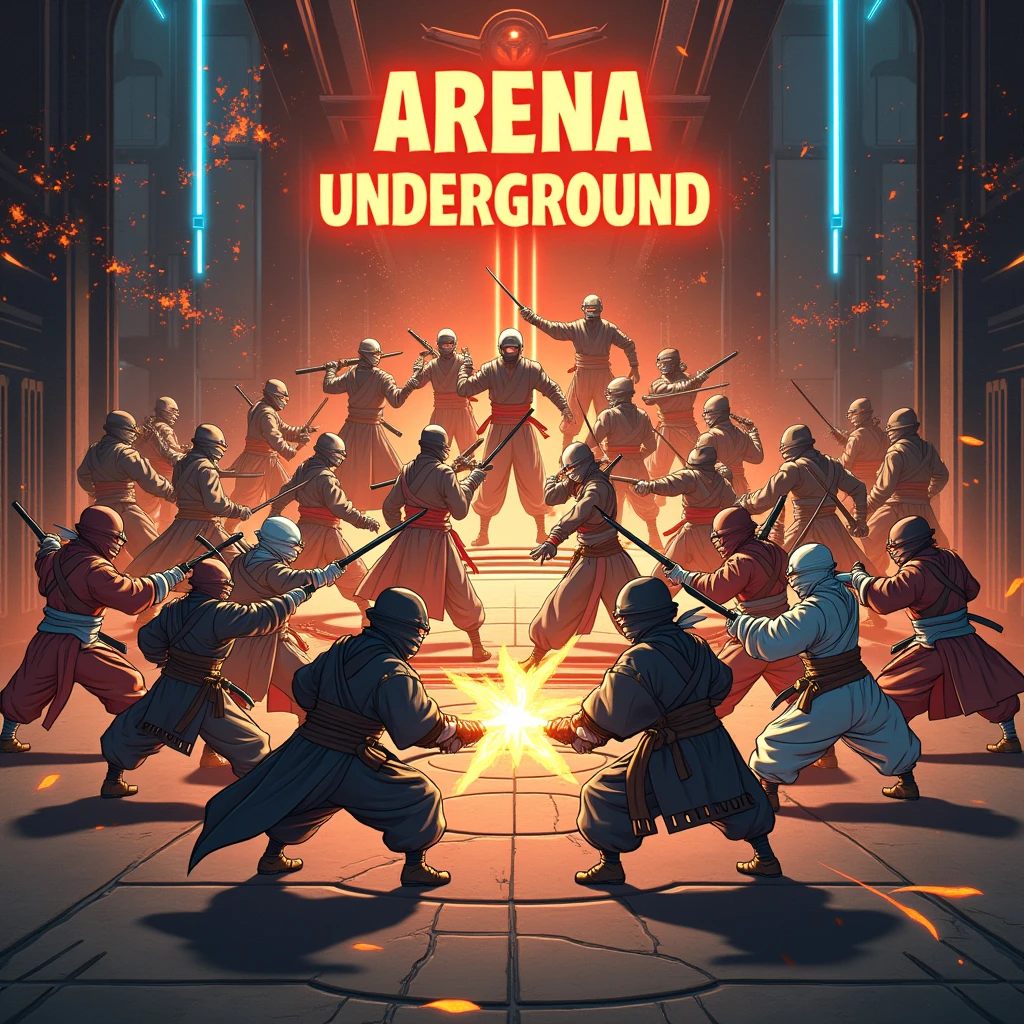ANIME STYLE, Make a ninja themed image for me , use the color orange as a base and place the word Arena Underground in the middle of the image that looks like an epic battle in feudal Japan simulating a battle between 2 classes. an image that inspires and calls people here is a detailed organization: Include iconic and well-known characters from classic and modern games. It might be interesting to mix figures from different Action games: The two teams are in full battle, with visual effects such as energy explosions, special abilities being activated, and the characters in intense action poses. 5. Dominant Colors Main Color: vibrant orange, especially in the lights, weapons and featured elements of the arena. Secondary colors: Unripe, blackw, metallic gray and neon blue tones to complement the orange and add contrast to the scene. 6. Text Phrase: “Arena Underground” deve estar no topo da imagem, in a modern and futuristic font. The word may be surrounded by light effects or orange flames to highlight.. centralize OBS.: Don&#39;t randomly put computers in the image and put Arena Underground, in a mystical and magical way of a tournament 