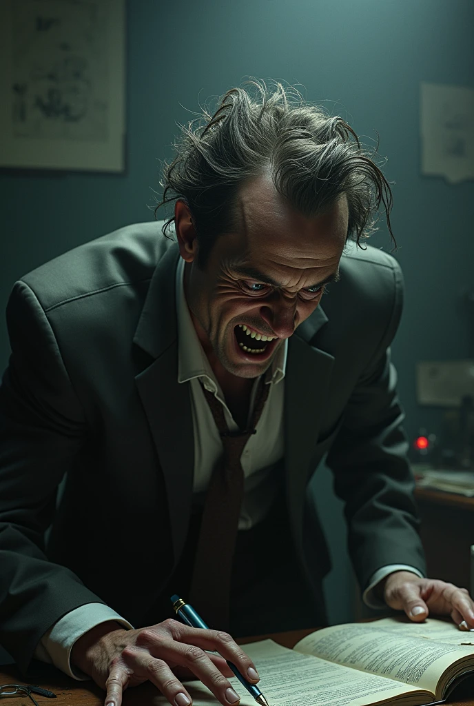A man obsessed with his job as an accountant in a terrifying way showing his entire body, outfit, Characteristics