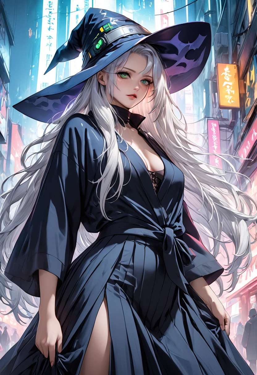 1woman, tall, best quality, ultra-detailed, extremely detailed CG, perfect anatomy, detailed, ((black robe)), ((long skirt)), {blue cloak}, very long white hair, green eyes, Witch Hat, cyberpunk, neon