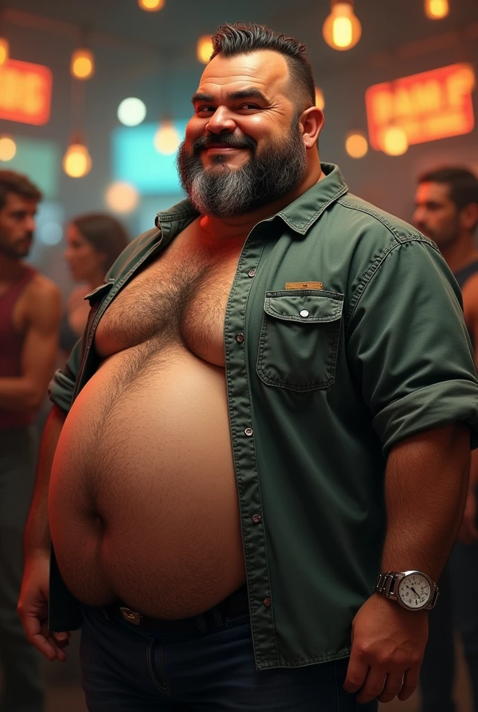 Pacho, gentleman between 45 and 60 years old, mechanic, tall, pot-bellied, hairy chest, party-goer who likes women 