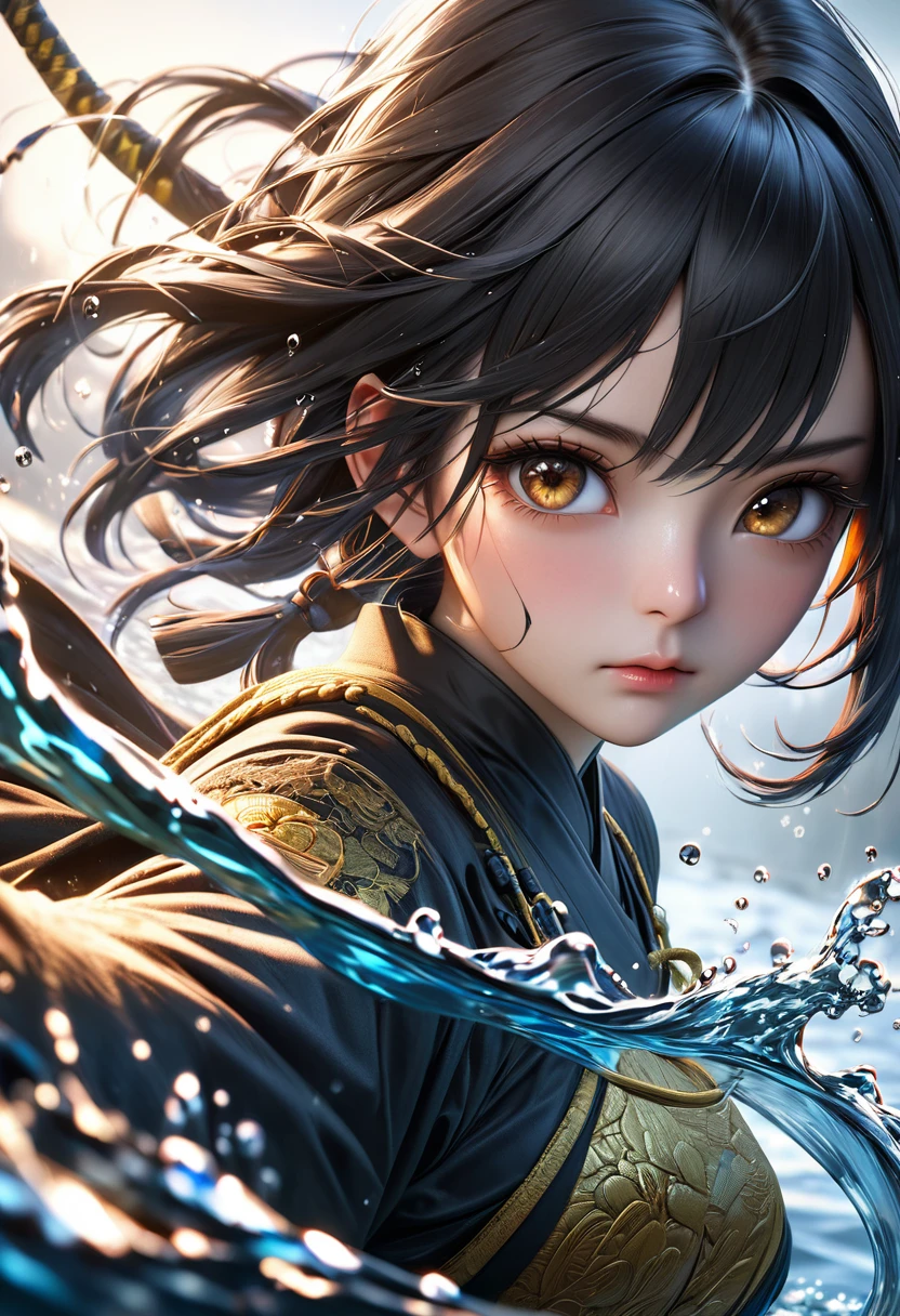 a girl ninja,no mask,black hair,brown eyes,controlling water,glowing eyes,detailed face,intricate costume,cinematic lighting,hyper realistic,(best quality,4k,8k,highres,masterpiece:1.2),ultra-detailed,(realistic,photorealistic,photo-realistic:1.37),vivid colors,professional
