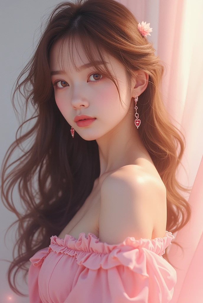 Create an image of a kpop idol with long hair and light brown bangs dressed in light pink