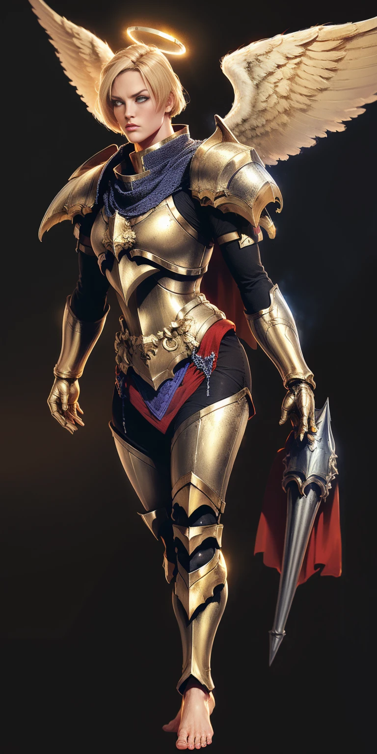 (black background) low angle, from below, paladin templar lady in white tabard, legwear, glowing yellow eyes, collar, golden chainmail, wide hips, barefoot, angel wings, pauldrons, halo, bob cut, blonde, eye focus, red cape, detailed, cinematic, fantasy