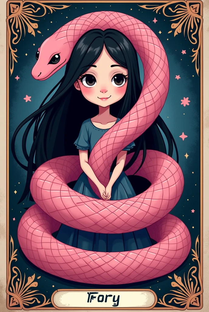 Isotype of a pink snake with a black-haired girl and tarot card in cartoon style 