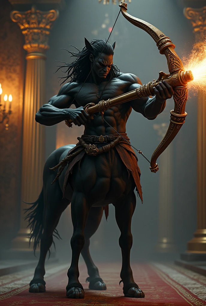 a Centaur, black, Dreadlocks, Toned Muscles, Hold a large crossbow, expensive, full house, Cool silhouette, superhuman power, Strong Will, Impact with flame spark, shock wave, dark background,