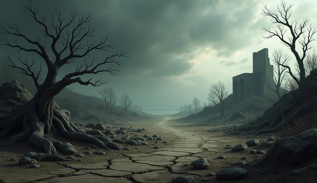 "Create an image of a desolate and bleak landscape, with arid, rocky terrain under a dark, cloudy sky. Include dry, twisted trees in an otherwise nearly lifeless environment, with the ground cracked and dry. Ao fundo, show a destroyed house, with collapsed walls and scattered debris, symbolizing the tragedy of Job&#39;s children who died. The setting should convey a deep sense of suffering, desolation and loss."
