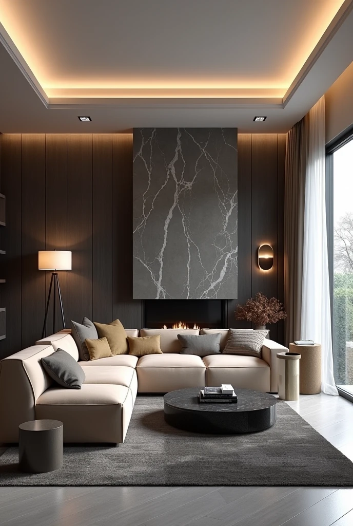 Professional 3d architecture rendering design of modern  living room with so  and very  dark beige floranca velvet sofa  set and medium  flouting  dark gray marble fireplace and  light gray laminate and elegant and modern accessories and modern windows and black slab stone middle table and elegant and modern  ceiling lighting and elegant accessories and elegant  dark  silk gray Persian carpet and elegant ceiling lighting 