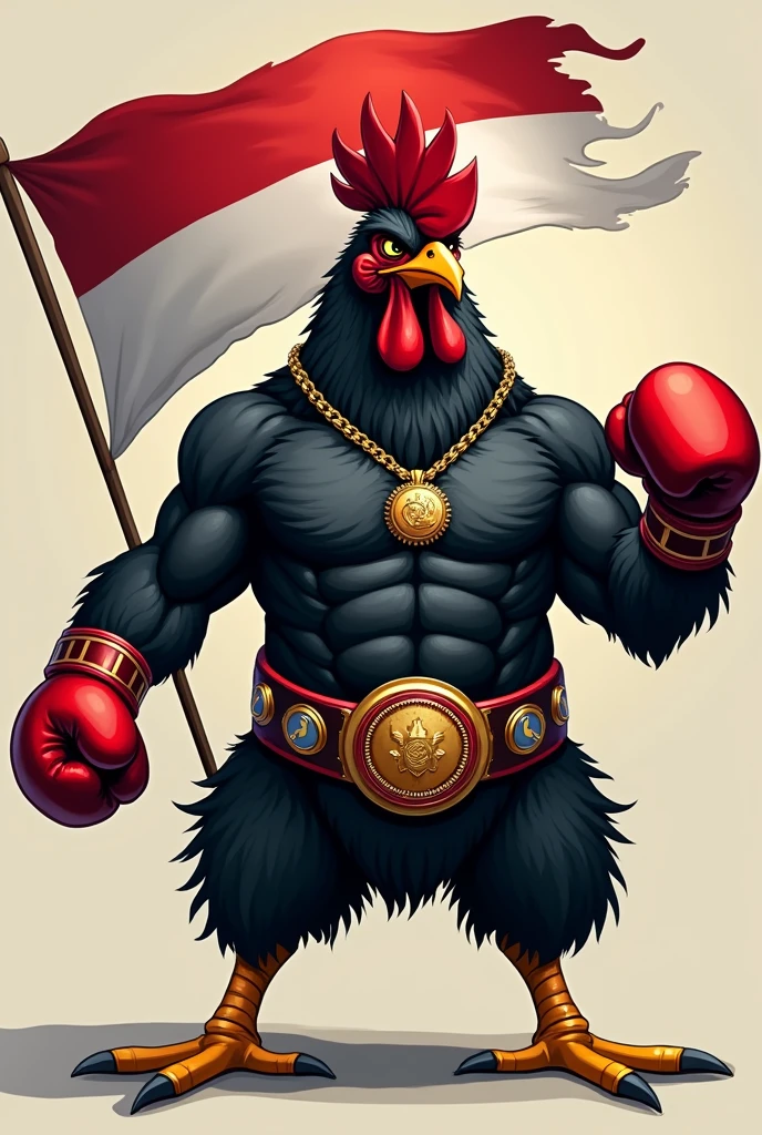 angry black chicken muscle wear boxing gloves, champion belt, and holding Indonesian flag. 
