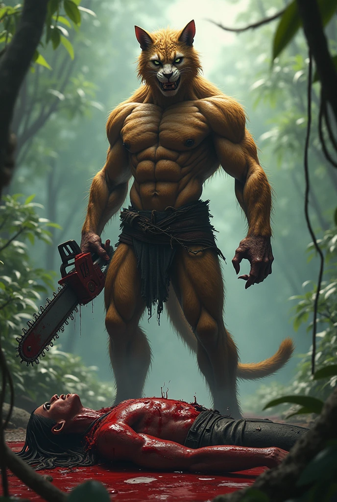 Catman, Bloodied but Victorious**
- Scene: Quiet jungle clearing, now calm.
- Character: Catman stands over the fallen zombie, completely drenched in blood, breathing heavily but victorious.
- Action: His expression is a mix of relief and exhaustion, the chainsaw still in his hand.