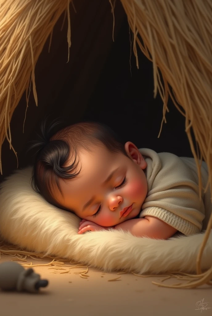 1 indigenous newborn sleeping in his straw house, he only has 1 hair, Cinderella style.