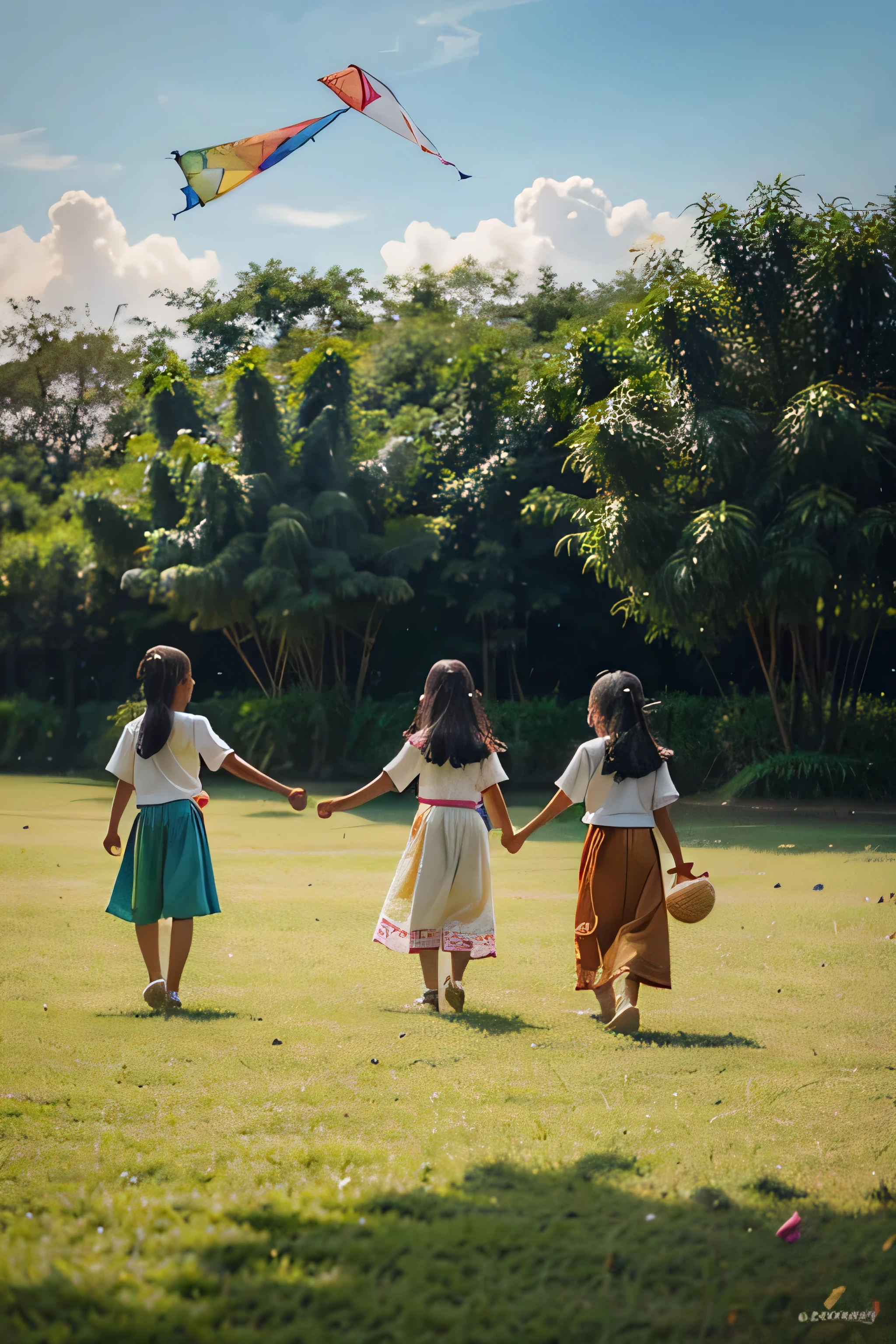 Traditional Thai kite flying painting, children wearing Thai costumes are flying kites in a wide grass field with soft sunlight, watercolor painting style.