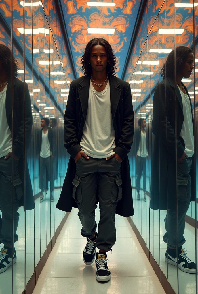 create a cover for an album where I appear as a 2 young man of 1.85 tall with dark skin and long wavy hair a little below the shoulders wearing loose clothing walking down a hallway full of psychedelic mirrors with his own reflection and each reflection looking directly at him, Detailed clothing wearing cargo pants and a black coat, Nike shoes and a small earring.