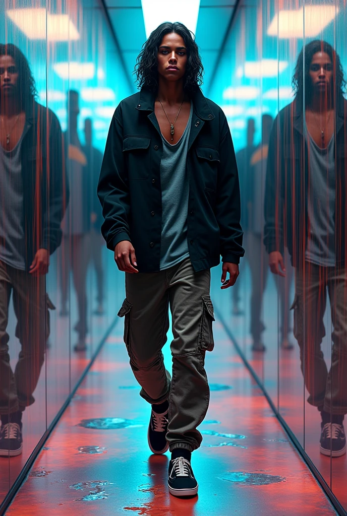 create a cover for an album where I appear as a 2 young man of 1.85 tall with dark skin and long wavy hair a little below the shoulders wearing loose clothing walking down a hallway full of psychedelic mirrors with his own reflection and each reflection looking directly at him, Detailed clothing wearing cargo pants and a black coat, Nike shoes and a small earring.