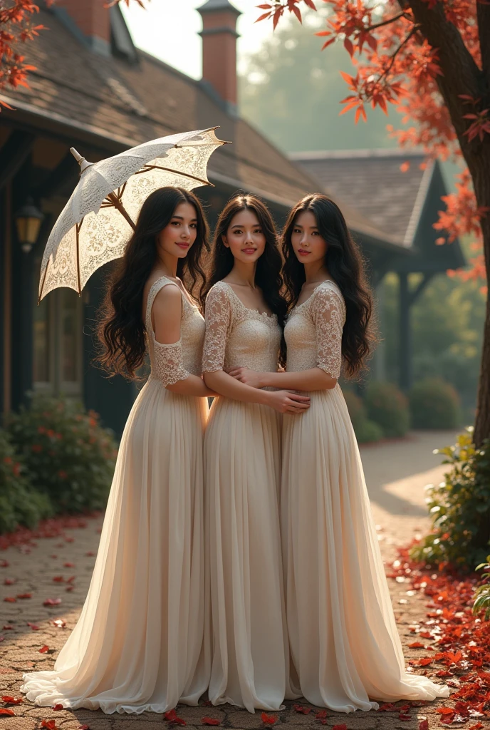 a 3 adult girl, black hair, alone, wearing a long Dutch noni dress like flowing water, wearing beautiful lace with lace umbrella sleeves wearing shoes, while at the train station, a classic and antique heritage from England, there is a thick chimney. , while holding a lacy patterned umbrella, there are trees around him with red fallen leaves, and many are scattered on the ground or floor while smiling