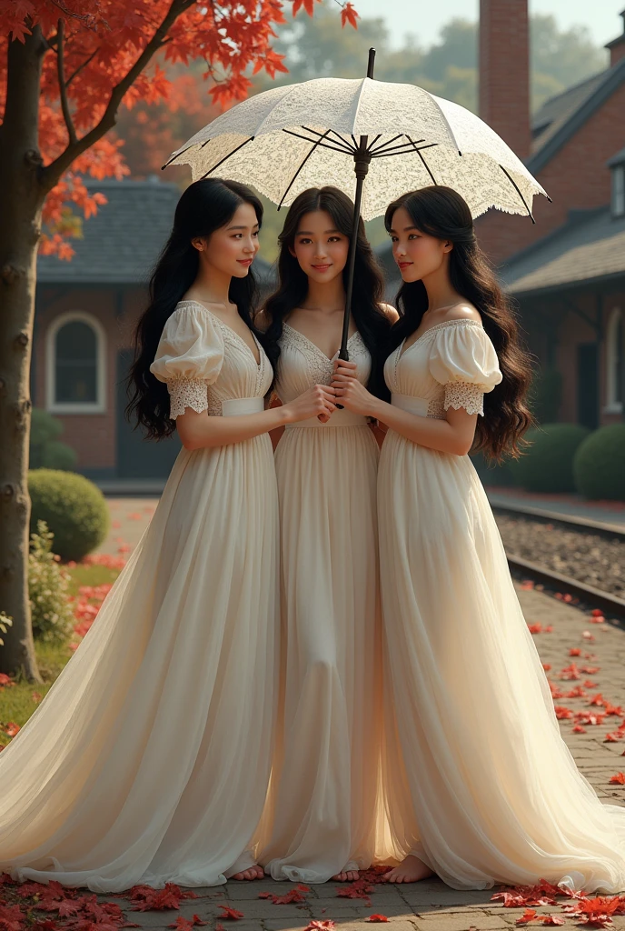 a 3 adult girl, black hair, alone, wearing a long Dutch noni dress like flowing water, wearing beautiful lace with lace umbrella sleeves wearing shoes, while at the train station, a classic and antique heritage from England, there is a thick chimney. , while holding a lacy patterned umbrella, there are trees around him with red fallen leaves, and many are scattered on the ground or floor while smiling