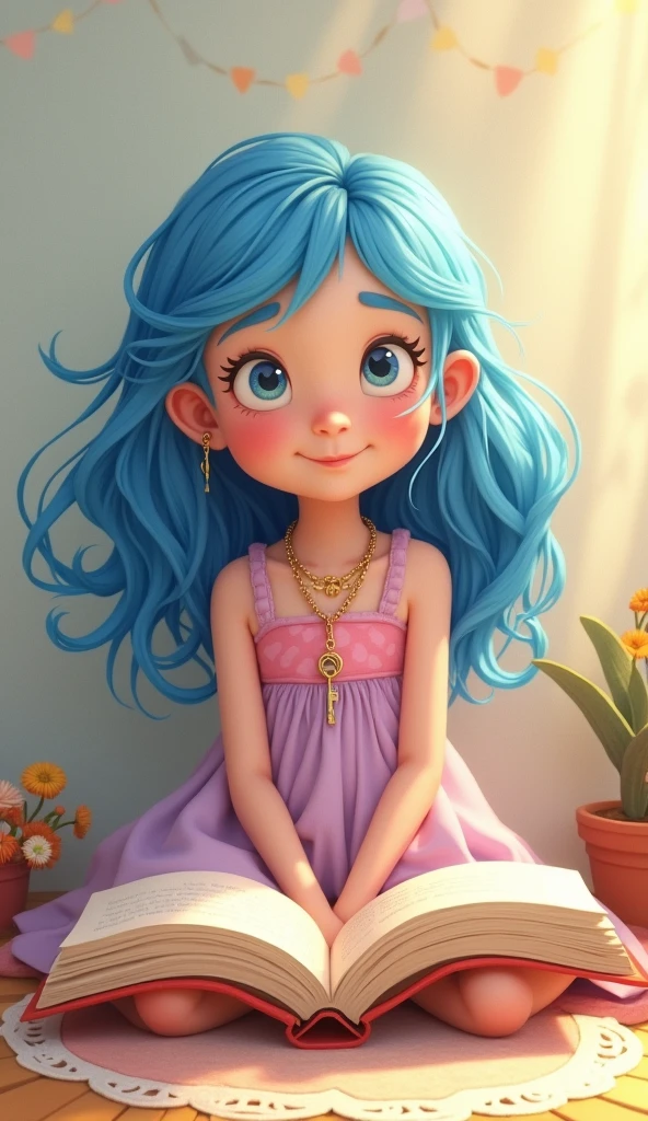 Children's book characters, Happy with wavy hair, (Blue Hair), In a pink and lilac dress、He has a string with a key around his neck., She is sitting on the floor with a book on her lap