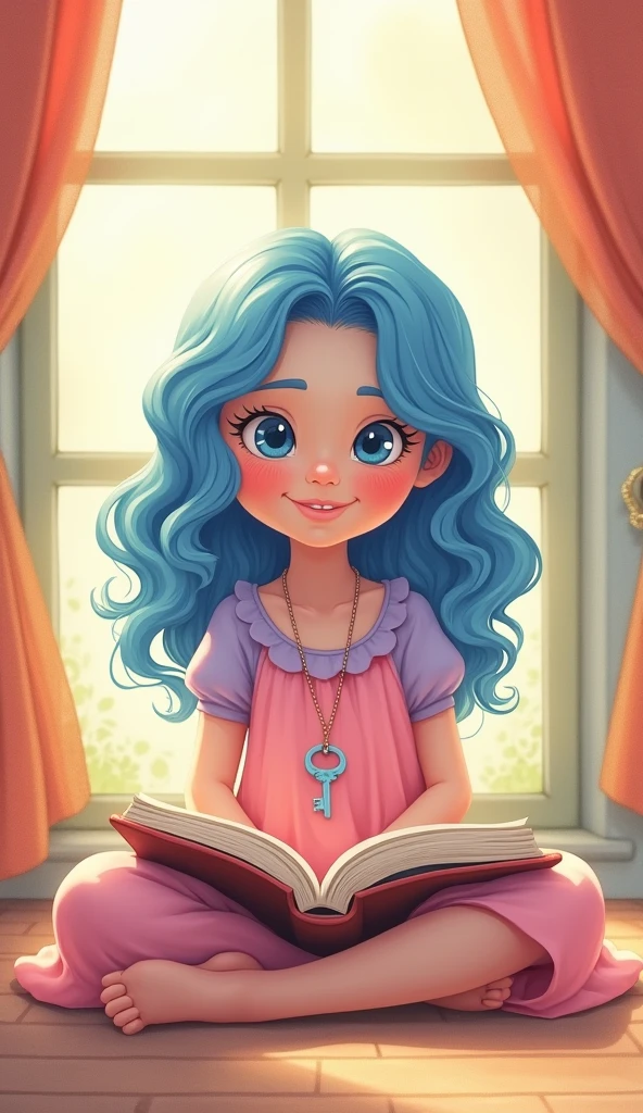 Children's book characters, Happy with wavy hair, (Blue Hair), In a pink and lilac dress、He has a string with a key around his neck., She is sitting on the floor with a book on her lap