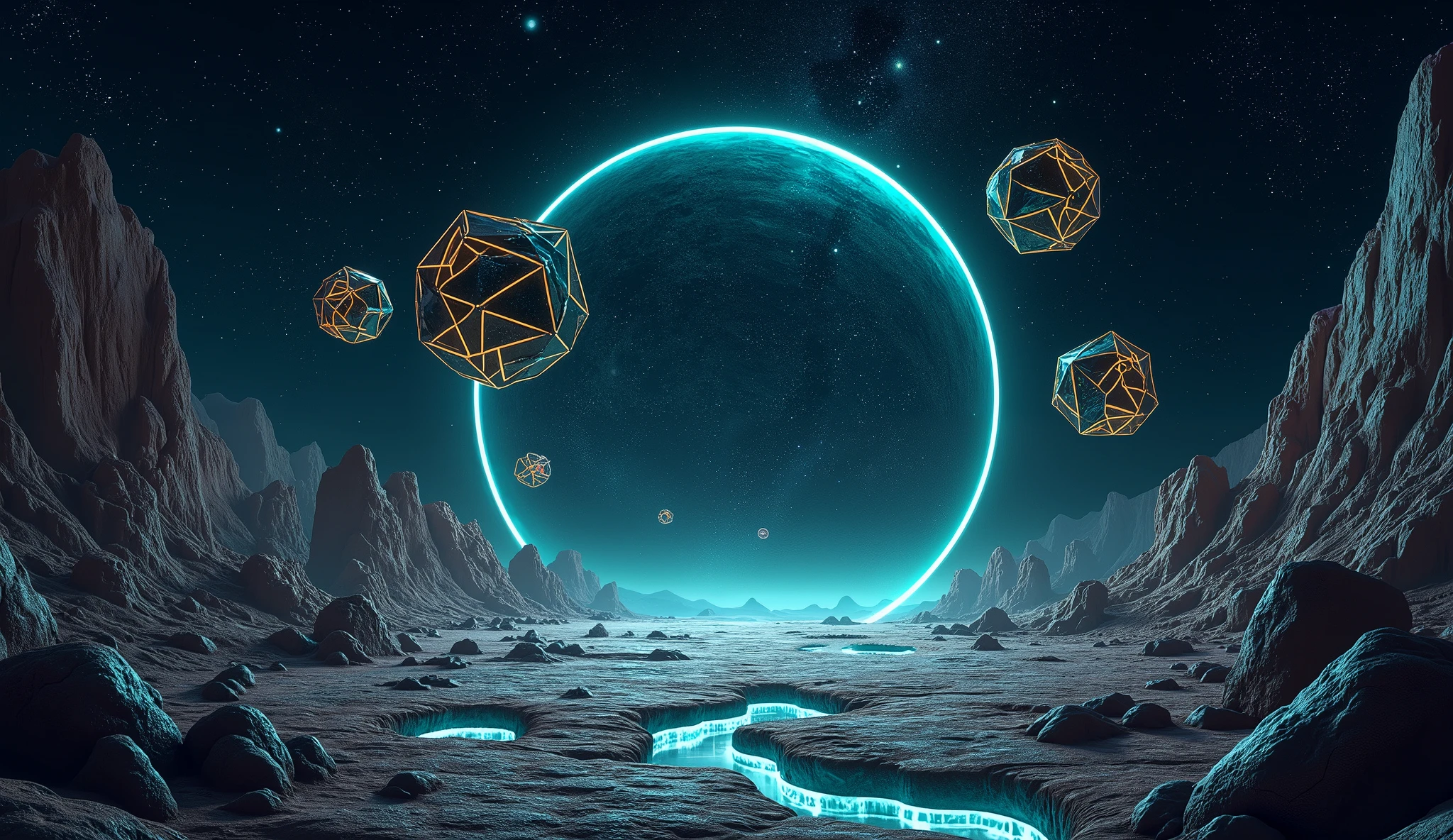 A cinematic shot of an otherworldly alien landscape where ancient ruins crafted from intricate 3D geometrical shapes stand as silent sentinels of a long-forgotten civilization. In the center of the scene there is a circular glass that you can see cosmos inside. Floating geometrical 3D shapes from opal and black marble with mechanical parts on them levitating right above ground creating a mysterious vibe on the scene, glowing neon lights emerging from ground rocks illuminate the dark atmosphere. It's night time and the sky is pitch black with millions of stars and distant planets making visible the deep space. Realistic, hyperrealism, high resolution, extreme quality, volumetric lighting, extreme details, sharp details, 4k hdr