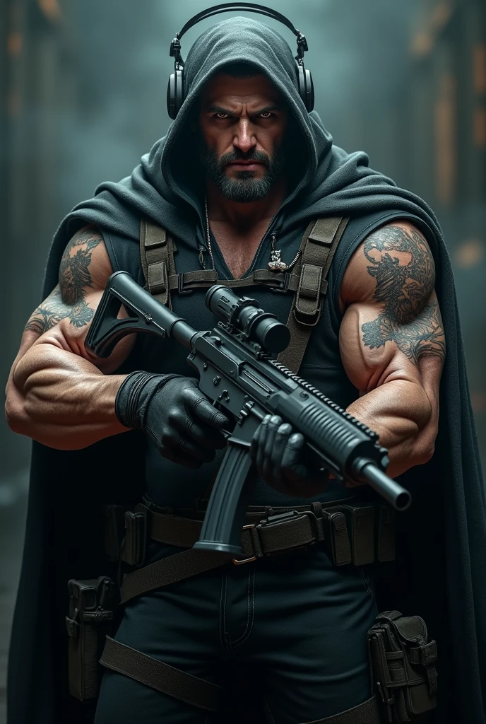 (best quality, good quality, 4k:1.3), (giant muscles:1.2), dark eyes, headphones, vest, holding gun, looking at viewer, tattoo, gh0st, cloak,