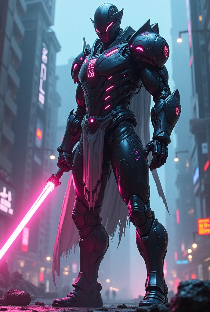 Cybernetic Gladiator: A futuristic warrior with cybernetic limbs and a high-tech battle suit, wielding an energy lance. The scene is set in a neon-lit urban battlefield.