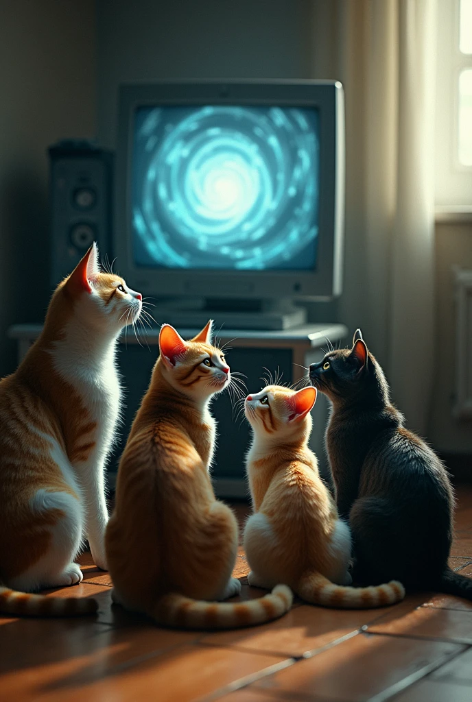 About four cats sitting on the floor watching their computer and then the computer starts to suck them in