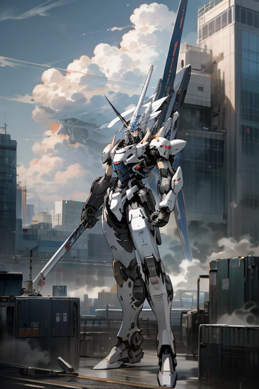 null, cloud, Holding_arms, no_human, Shine、robot, building, Shine_eye, Mecha, science_fiction, city, Realistic,Mecha、Shiden、High resolution、8k、High resolution、Very detailed、Perfect Proportions、Beautiful Art、CG、Ultra Clear
