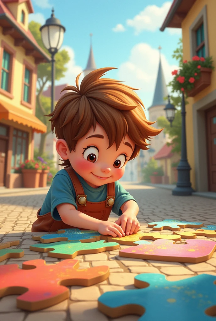 Coloring picture of a boy with long pixie cut hair playing with a puzzle in a cute village