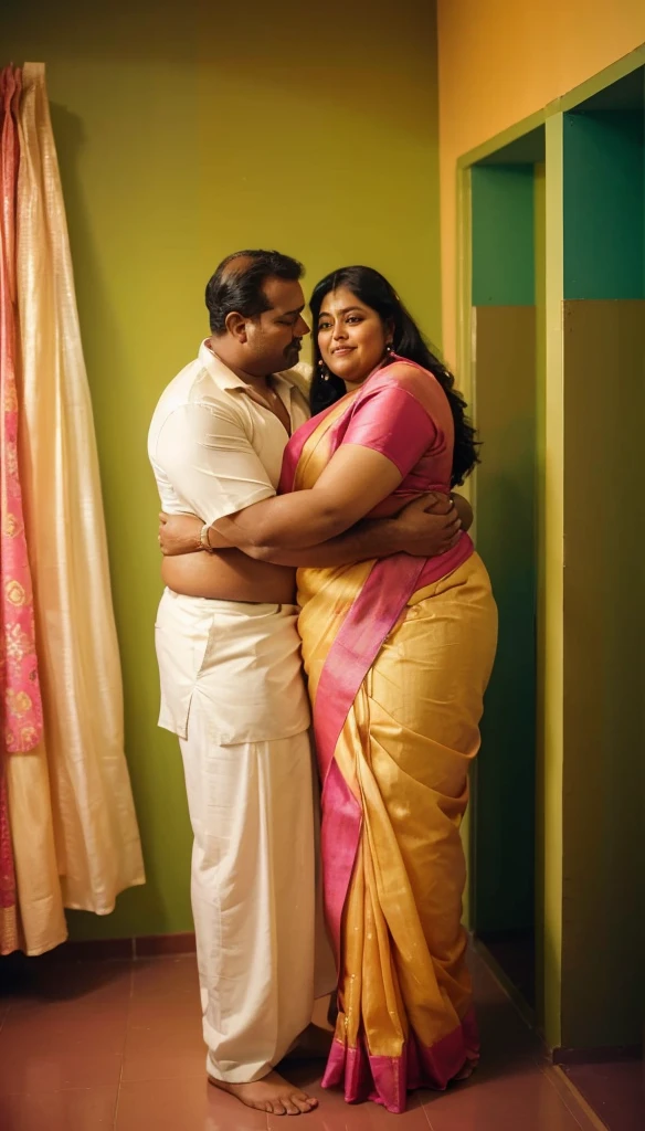 a 50-year-old shirtless man affectionately hugging and kissing aradiant, full-figured South Indian plus-sized 30 year old teacher wearing a blue colour silky saree in dressing room, captured in a full-body image with vibrant hues and meticulous details. Full body image