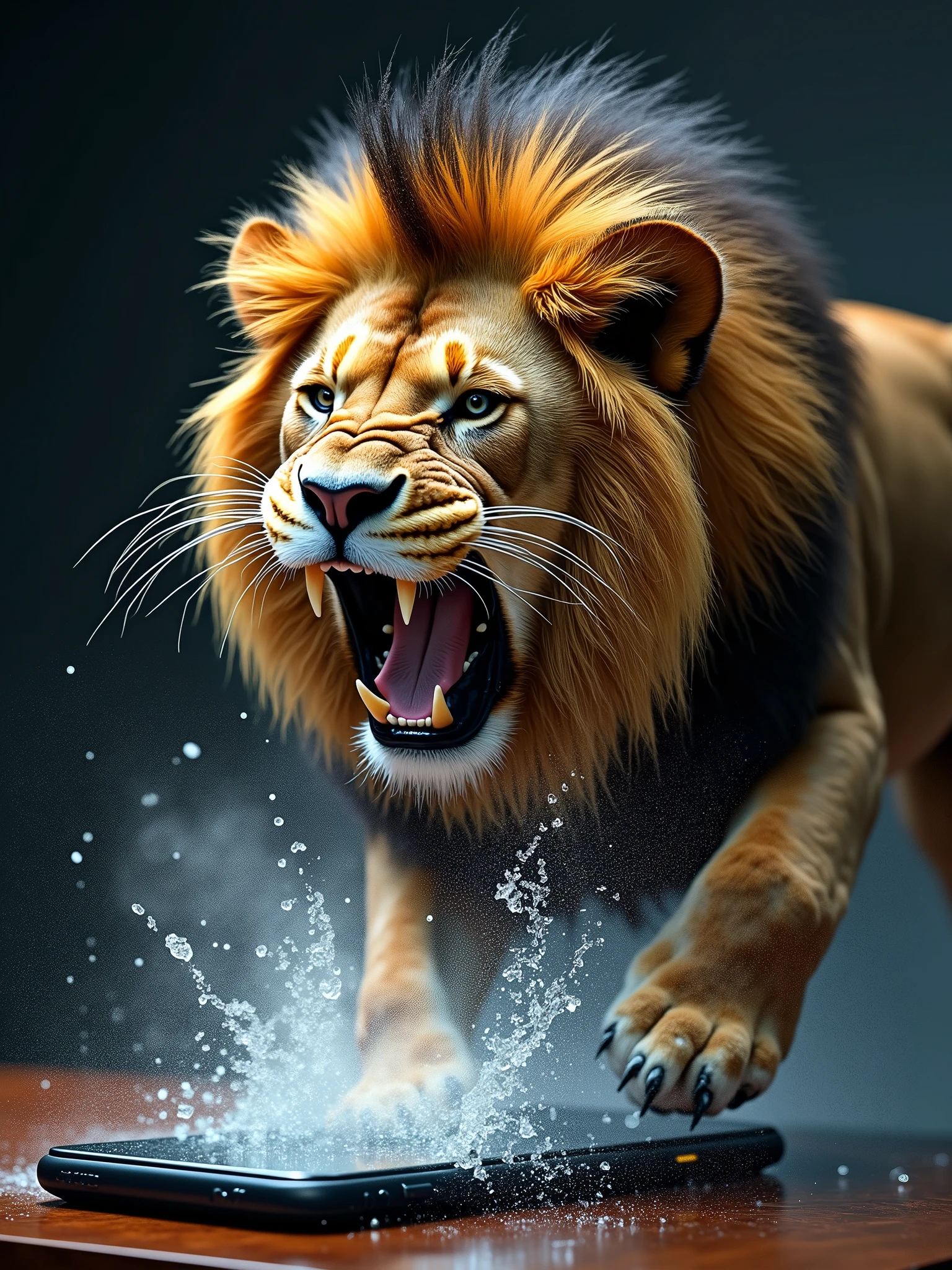 A fierce, roaring Lion in a smartphone full of water, he is getting out of the screen, with his hair and mane dripping wet, shaking his head and droplets flying Off screen, table background, very detailed, ultra realistic, best lighting, k, vivid colors, maximalistic