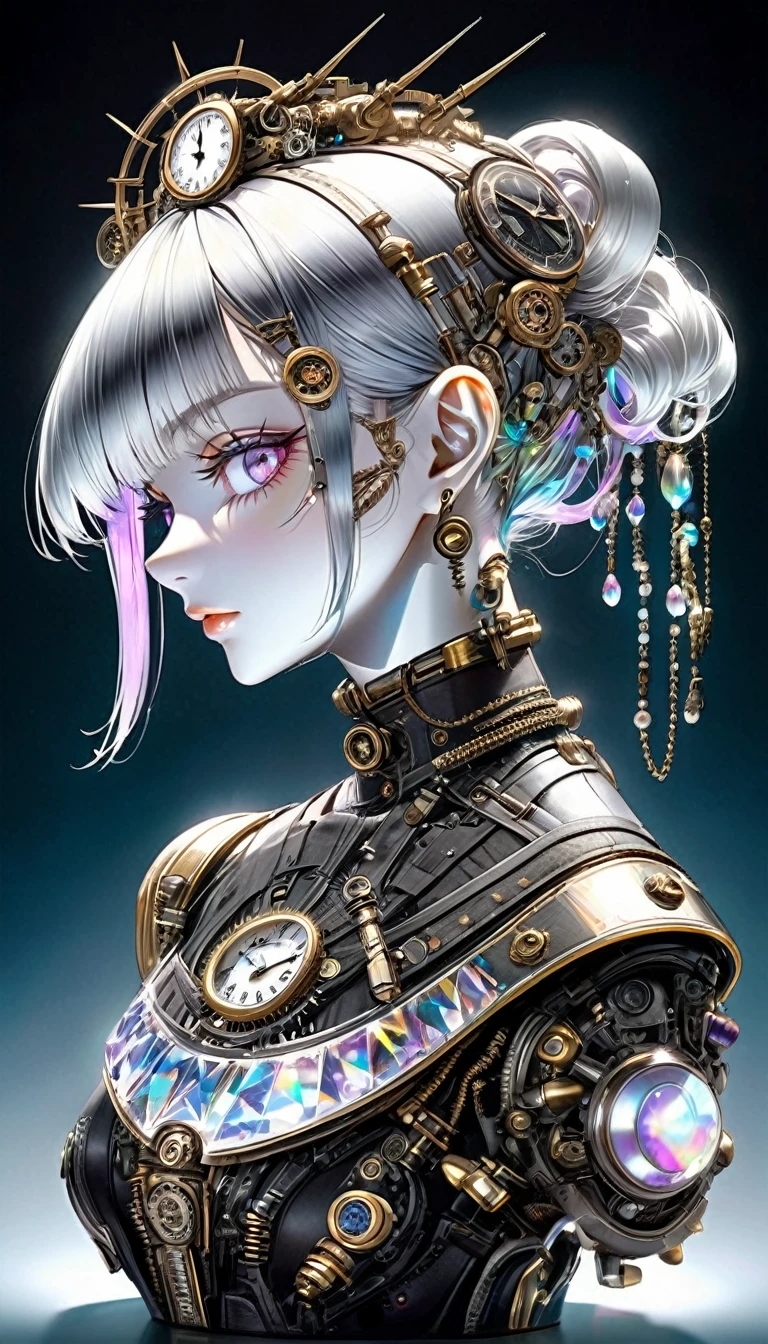 (cyberpunk, Clockpunk, Dieselpunk, Steampunk), work of art carved from pearl platinum crystal, background wide variety punks, (ultra detailed, absolutely resolution, best quality:1.3), 2.5D, delicate and dynamic effects, iridescent lighting effects, artistic photography, hyper realistic