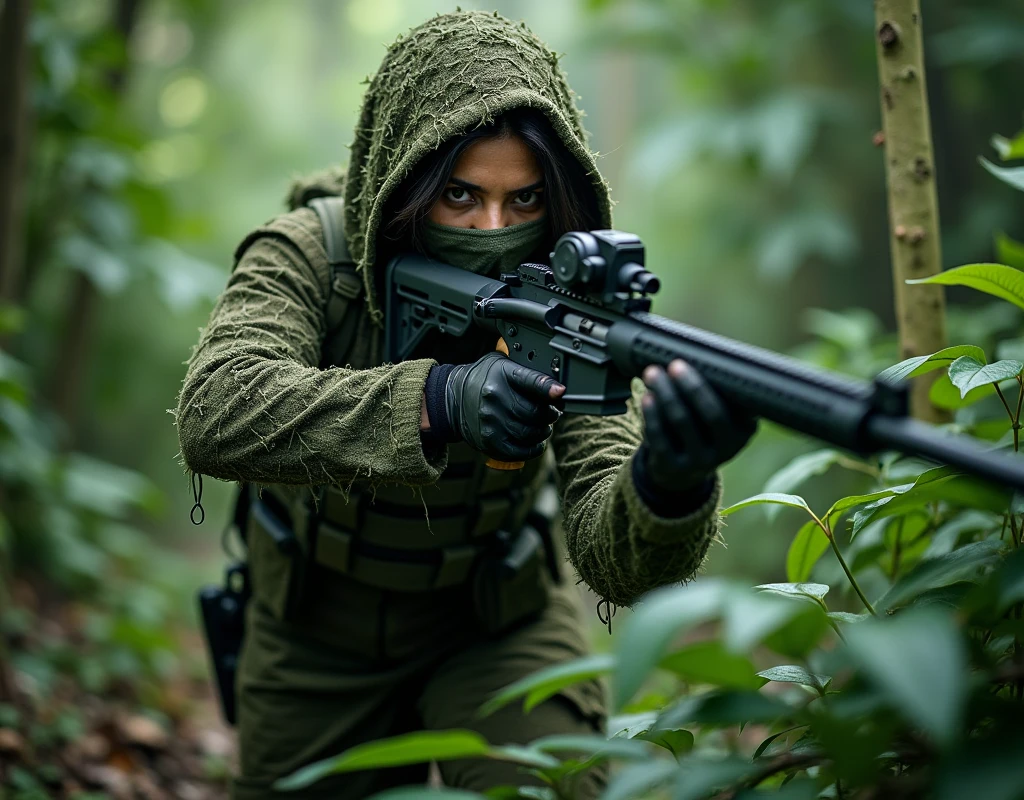 Priyanka Chopra as sniper, wearing wearing full ghillie suit, wearing full face scarf, wearing gloves, in jungle area, full body view, doing a knife attack on enemy soldier,