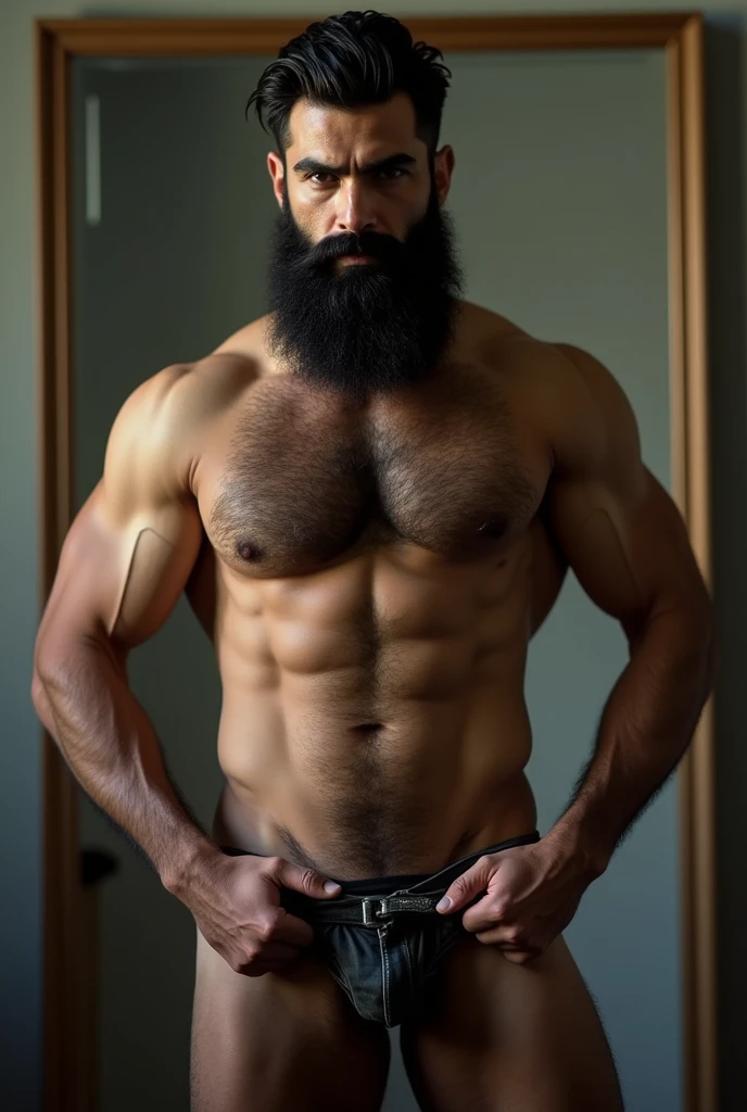 Young Iranian man strong hairy body, very hairy, bearded man in front of the mirror naked naked from the belly down, nakeness, showing hairy groin, pubic-hair, only hip showing, hands covering genitals.