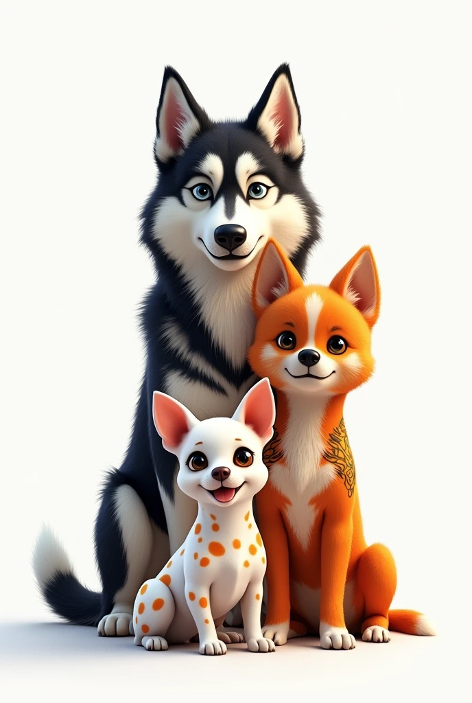 Tattoo of an orange dog behind the Husky in front of a white Chihuahua with orange spots